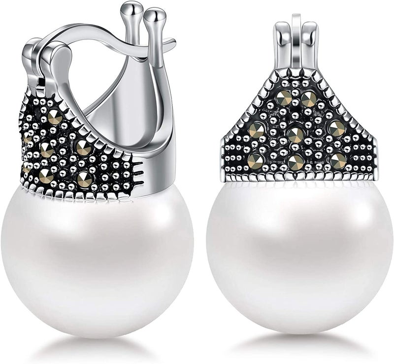 MILACOLATO 925 Sterling Silver Pearl Earrings for Women 18K White Gold Plated Simulated Pearl Dangle Drop Earrings Love Jewelry Gifts for Women - Image 1